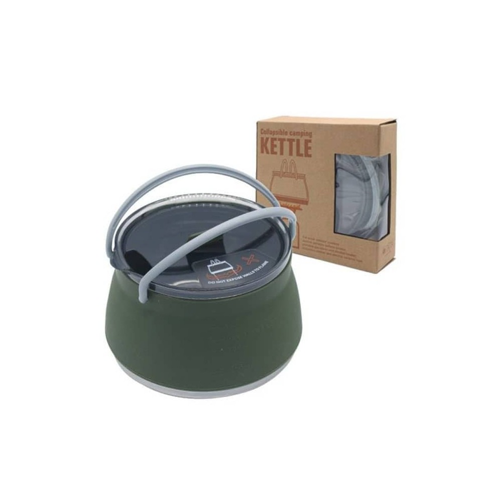 کتری سیلیکونی تاشو مدل Camping Kettle حجم یک لیتر رنگ سبز تیره
